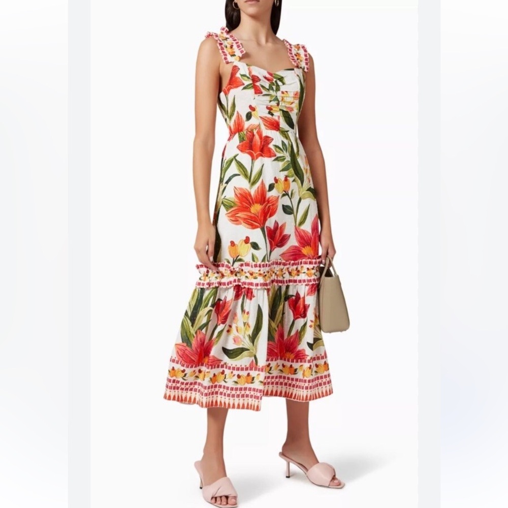 Farm Rio Cashew Garden Floral Tropical Print Tiered Midi Dress Size L